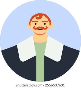 Portrait of a redhead man with a mustache wearing a dark jacket with large lapels and a light green shirt, in a simple cartoon style with a circular background