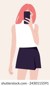 Portrait of a redhead woman holding smart phone in hand shooting selfie on front camera. A blogger is photographed for a social media. Vector flat illustration