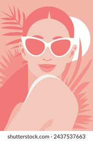 Portrait of a redhead woman. Tropical summer travel. Palm leaves on the light peach background. Vector flat illustration