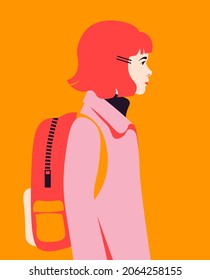 Portrait of a redheaded schoolgirl with a backpack in profile. Successful education. Children after lessons at school. Side view. Bright vector flat illustration