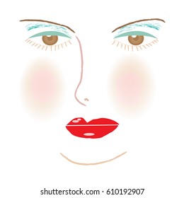 A  portrait of a red-lipped woman is featured in a minimalist fashion illustration.