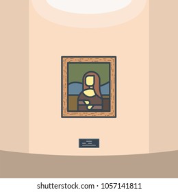 Portrait Of Renaissance Women Mona Lisa. Leonardo Da Vinci Paintings. Gallery. Wooden Frame And Old Famous Classic Masterpiece Picture. Museum Vector Line Style Vector.