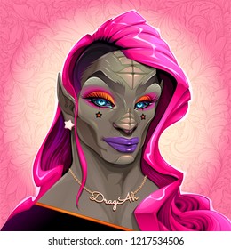 Portrait of reptilian Drag Queen called DragAh. Vector illustration