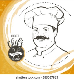 Portrait of restaurant's smiling chef in working uniform. A man in a chef cap with a mustache. Vector line sketch hand-drawn illustration