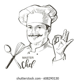 Portrait of restaurant's smiling chef in working uniform. A man in a chef cap with a mustache. Vector line sketch hand-drawn illustration