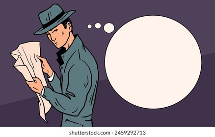 Portrait of retro detective man in retro hat. Talking bubble with place for text. Agent with newspaper. Secret surveillance. Investigation and search for evidence. Vector illustration pop art