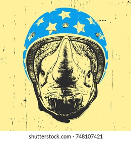  Portrait of Rhinoceros with helmet, hand-drawn illustration, vector
