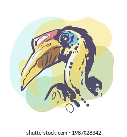 Portrait of an Rhinoceros Hornbill bird. Simple handmade sketch drawing. Drawing of an bird.
