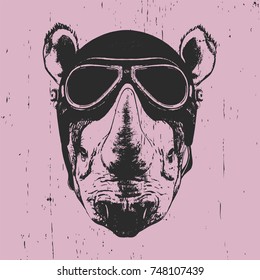  Portrait of Rhinoceros with vintage helmet, hand-drawn illustration, vector
