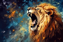 Portrait Of A Roaring Lion With A Thick Mane And An Open Mouth. Artistic Illustration In Bright Colors With Abstract Brush Strokes For Wall Art And Home Decor.
