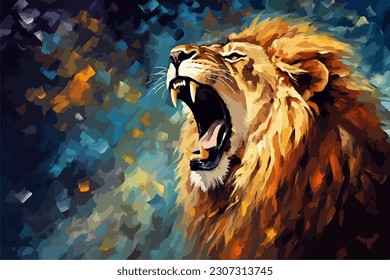 Portrait of a roaring lion with a thick mane and an open mouth. Artistic illustration in bright colors with abstract brush strokes for wall art and home decor.