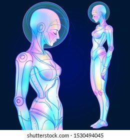 Portrait of robot android woman in retro futurism style. Vector illustration 
 of a cyborg in glowing neon bright colors. futuristic synth wave  flyer template. Cyber technology.
