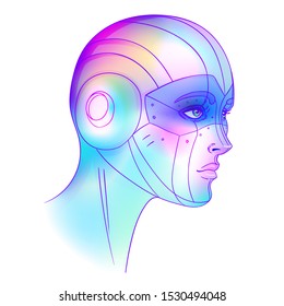 Portrait of robot android woman in retro futurism style. Vector illustration 
 of a cyborg in glowing neon bright colors. futuristic synth wave  flyer template. Cyber technology.