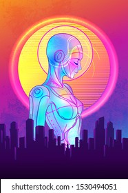 Portrait von Roboter-Android-Frau im Retro-Futurismus Stil. Vektorillustration 
 von einem Cyborg in leuchtenden Neonfarben. futuristische Synth-Wave-Flyer-Vorlage. Cybertechnologie.