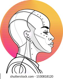 Portrait of robot android woman in retro futurism style. Vector illustration of a cyborg in glowing neon bright colors. futuristic synth wave  flyer template. Cyber technology. African american style.