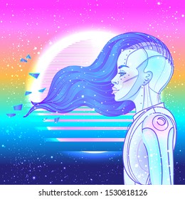 Portrait of robot android woman in retro futurism style. Vector illustration of a cyborg in glowing neon bright colors. futuristic synth wave  flyer template. Cyber technology. African american style.