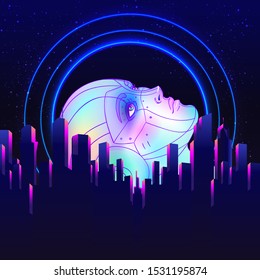 Portrait of robot android woman in retro futurism style. Vector illustration 
 of a cyborg in glowing neon bright colors. futuristic synth wave  flyer template. Cyber technology.