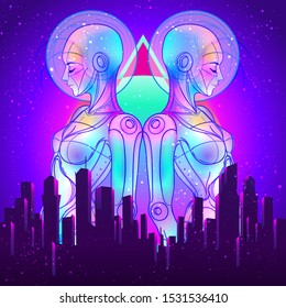 Portrait of robot android woman in retro futurism style. Vector illustration 
 of a cyborg in glowing neon bright colors. futuristic synth wave  flyer template. Cyber technology.