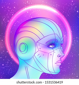 Portrait of robot android woman in retro futurism style. Vector illustration 
 of a cyborg in glowing neon bright colors. futuristic synth wave  flyer template. Cyber technology.