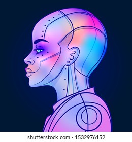 Portrait of robot android woman in retro futurism style. Vector illustration of a cyborg in glowing neon bright colors. futuristic synth wave  flyer template. Cyber technology. African american style.