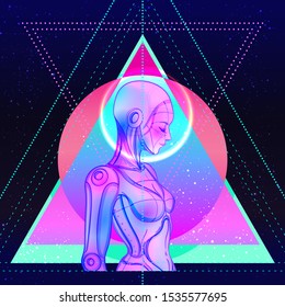 Portrait of robot android woman in retro futurism style. Vector illustration 
 of a cyborg in glowing neon bright colors. futuristic synth wave  flyer template. Cyber technology.