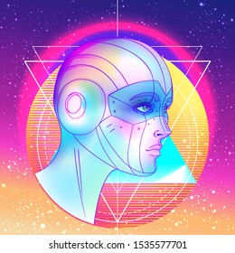 Portrait of robot android woman in retro futurism style. Vector illustration 
 of a cyborg in glowing neon bright colors. futuristic synth wave  flyer template. Cyber technology.