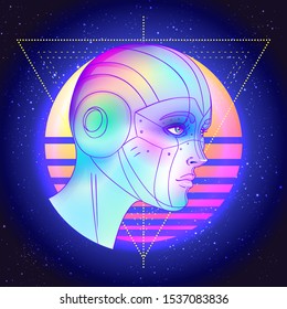 Portrait of robot android woman in retro futurism style. Vector illustration 
 of a cyborg in glowing neon bright colors. futuristic synth wave  flyer template. Cyber technology.