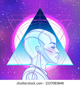 Portrait of robot android woman in retro futurism style. Vector illustration of a cyborg in glowing neon bright colors. futuristic synth wave  flyer template. Cyber technology. African american style.