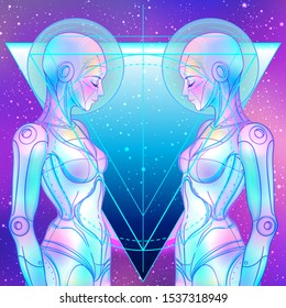 Portrait of robot android woman in retro futurism style. Vector illustration 
 of a cyborg in glowing neon bright colors. futuristic synth wave  flyer template. Cyber technology.