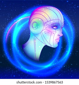 Portrait of robot android woman in retro futurism style. Vector illustration 
 of a cyborg in glowing neon bright colors. futuristic synth wave  flyer template. Cyber technology.