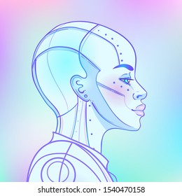 Portrait of robot android woman in retro futurism style. Vector illustration of a cyborg in glowing neon bright colors. futuristic synth wave  flyer template. Cyber technology. African american style.