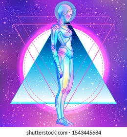 Portrait of robot android woman in retro futurism style. Vector illustration 
 of a cyborg in glowing neon bright colors. futuristic synth wave  flyer template. Cyber technology.