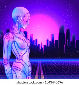 Portrait of robot android woman in retro futurism style. Vector illustration 
 of a cyborg in glowing neon bright colors. futuristic synth wave  flyer template. Cyber technology.