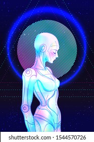 Portrait of robot android woman in retro futurism style. Vector illustration 
 of a cyborg in glowing neon bright colors. futuristic synth wave  flyer template. Cyber technology.