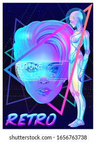Portrait of robot android woman in retro futurism style. Vector illustration of a cyborg in glowing neon bright colors. futuristic synth wave  flyer template. Cyber technology. African american style.