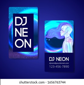 Portrait of robot android woman in retro futurism style. Vector illustration of a cyborg in glowing neon bright colors. futuristic synth wave  flyer template. Cyber technology. African american style.