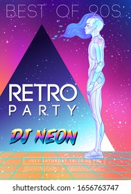 Portrait of robot android woman in retro futurism style. Vector illustration of a cyborg in glowing neon bright colors. futuristic synth wave  flyer template. Cyber technology. African american style.