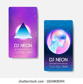 Portrait of robot android woman in retro futurism style. Vector illustration of a cyborg in glowing neon bright colors. futuristic synth wave  flyer template. Cyber technology. 