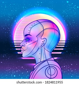 Portrait of robot android woman in retro futurism style. Vector illustration of a cyborg in glowing neon bright colors. futuristic synth wave  flyer template. Cyber technology. African american style.