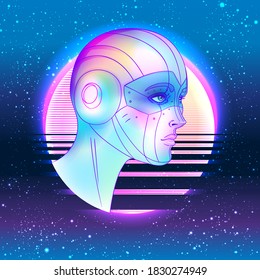 Portrait of robot android woman in retro futurism style. Vector illustration 
 of a cyborg in glowing neon bright colors. futuristic synth wave  flyer template. Cyber technology.