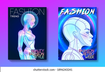 Portrait of robot android woman in retro futurism style. Vector illustration of a cyborg in glowing neon bright colors. futuristic synth wave  flyer template. Cyber technology. 