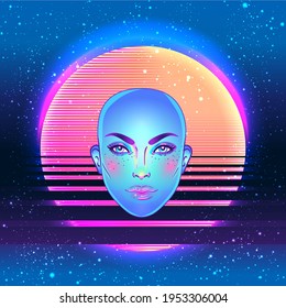 Portrait of robot android woman in retro futurism style. Vector illustration  of a cyborg in glowing neon bright colors. futuristic synth wave  flyer template. Cyber technology.