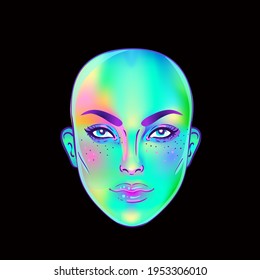 Portrait of robot android woman in retro futurism style. Vector illustration  of a cyborg in glowing neon bright colors. futuristic synth wave  flyer template. Cyber technology.