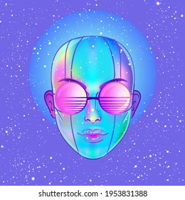 Portrait of robot android woman in retro futurism style. Vector illustration  of a cyborg in glowing neon bright colors. futuristic synth wave  flyer template. Cyber technology.