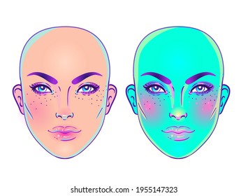 Portrait of robot android woman in retro futurism style. Vector illustration  of a cyborg in glowing neon bright colors. futuristic synth wave  flyer template. Cyber technology.