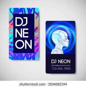 Portrait of robot android woman in retro futurism style. Vector illustration of a cyborg in glowing neon bright colors. futuristic synth wave  flyer template. Cyber technology. 
