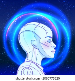 Portrait of robot android woman in retro futurism style. Vector illustration of a cyborg in glowing neon bright colors. futuristic synth wave  flyer template. Cyber technology. African american style.