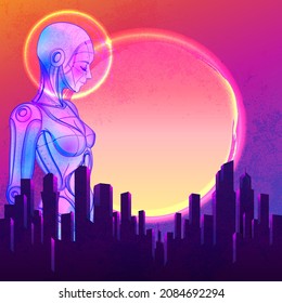 Portrait of robot android woman in retro futurism style. Vector illustration 
 of a cyborg in glowing neon bright colors. futuristic synth wave  flyer template. Cyber technology.