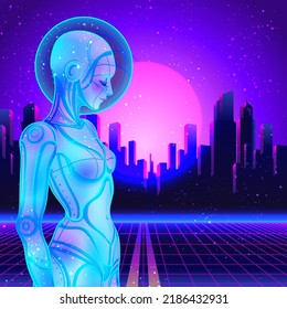 Portrait of robot android woman in retro futurism style. Vector illustration 
 of a cyborg in glowing neon bright colors. futuristic synth wave  flyer template. Cyber technology.