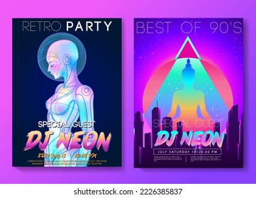 Portrait of robot android woman in retro futurism style. Vector illustration of a cyborg in glowing neon bright colors. futuristic synth wave  flyer template. Cyber technology. 